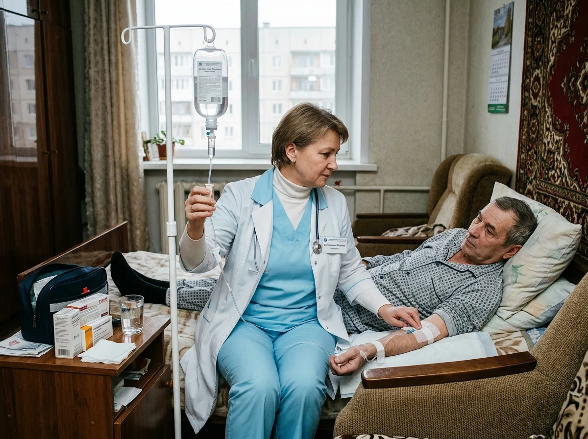 Врач-нарколог у постели пациента дома в Казани — капельница, инфузионная терапия, профессиональная помощь при запое