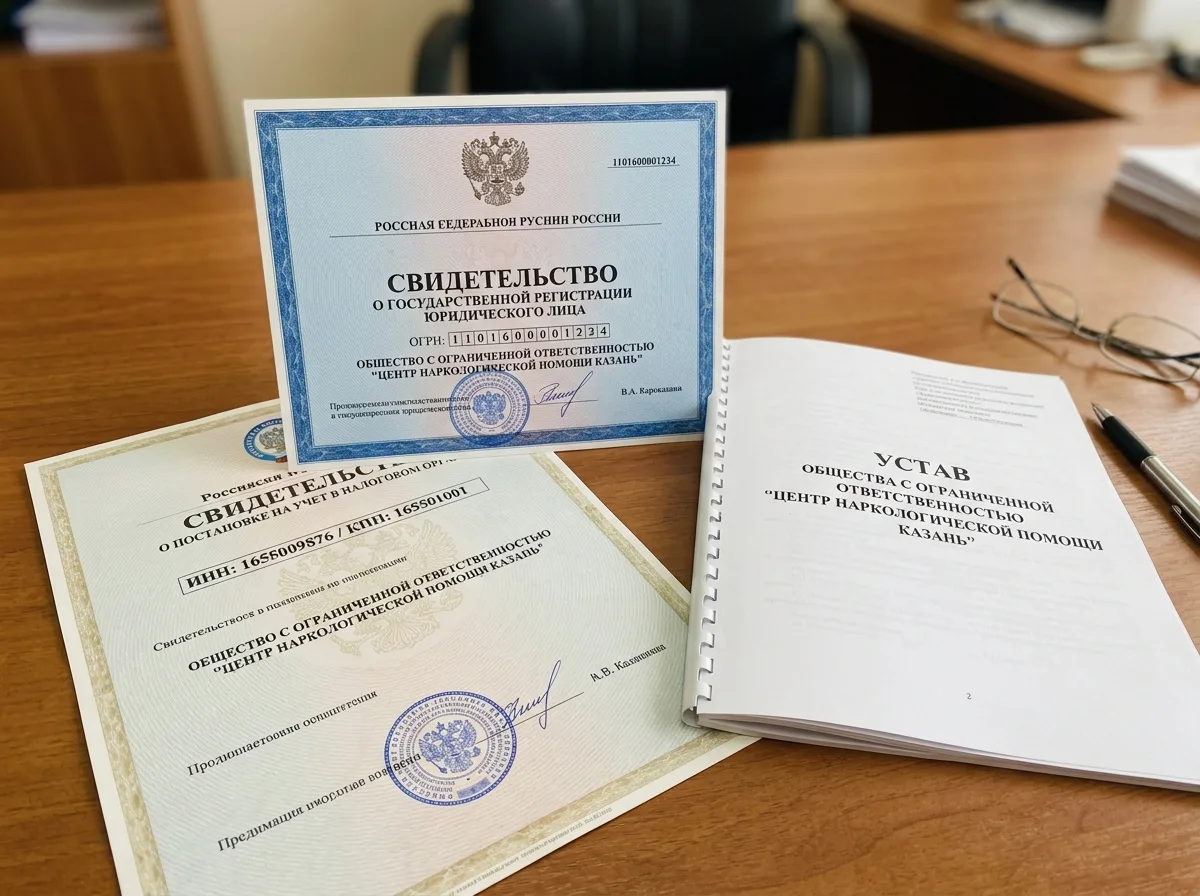Регистрационные документы юридического лица, свидетельство ОГРН и ИНН ООО Центр наркологической помощи Казань, устав организации